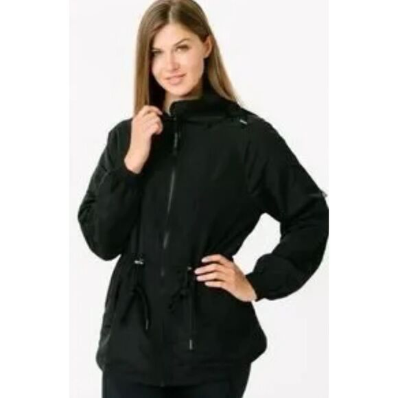 ZYIA Jacket Womens Large Utility Anorak Zip Up Removable Hood Fleece Lined Black - Picture 1 of 11